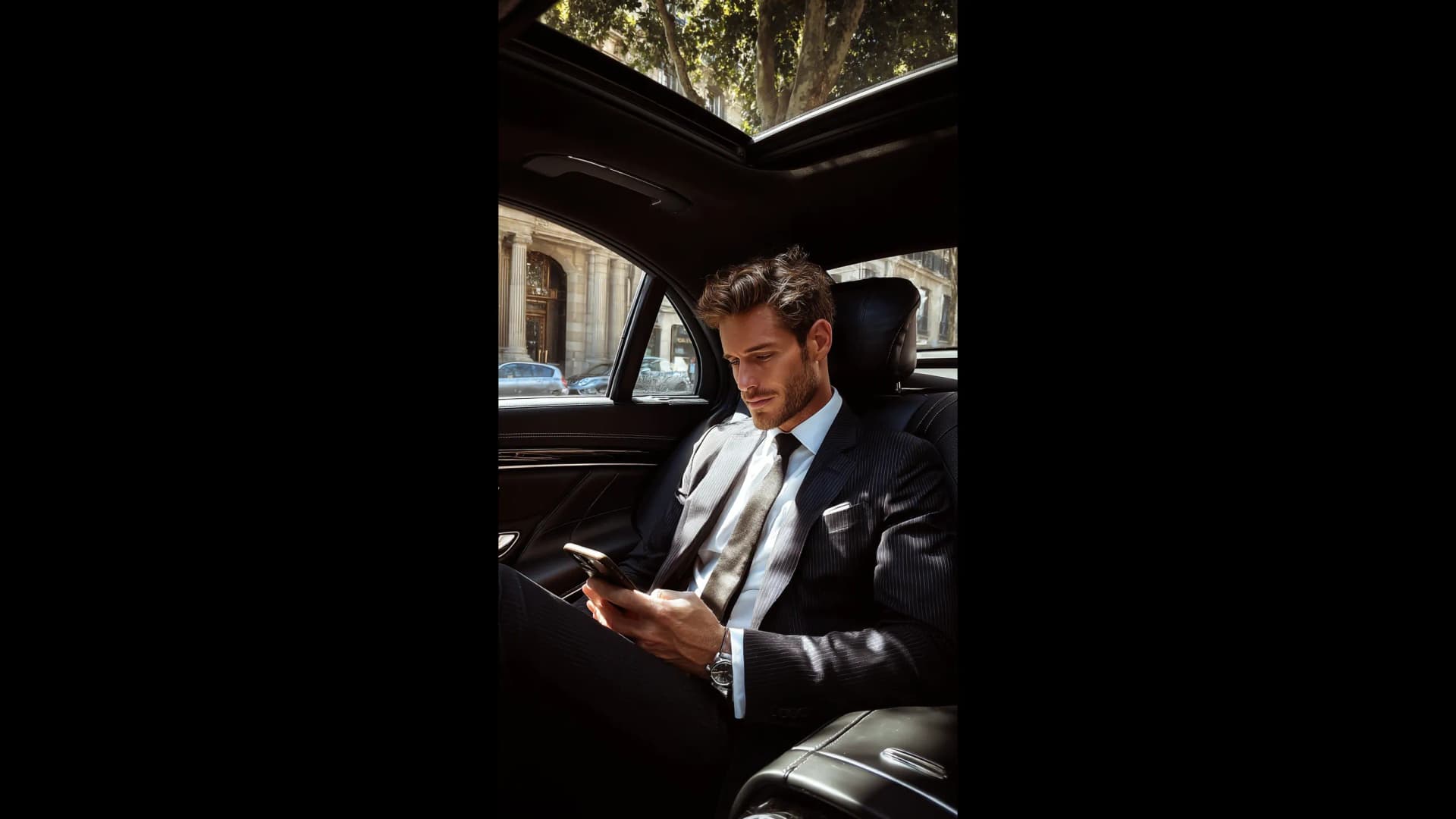 Business executive using a chauffeured car during a Paris roadshow