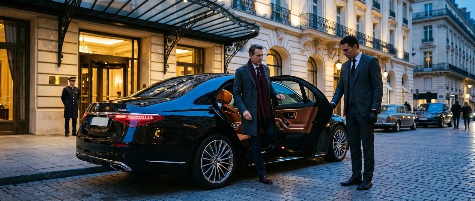 Private chauffeur opening a Mercedes S-Class outside a Paris hotel