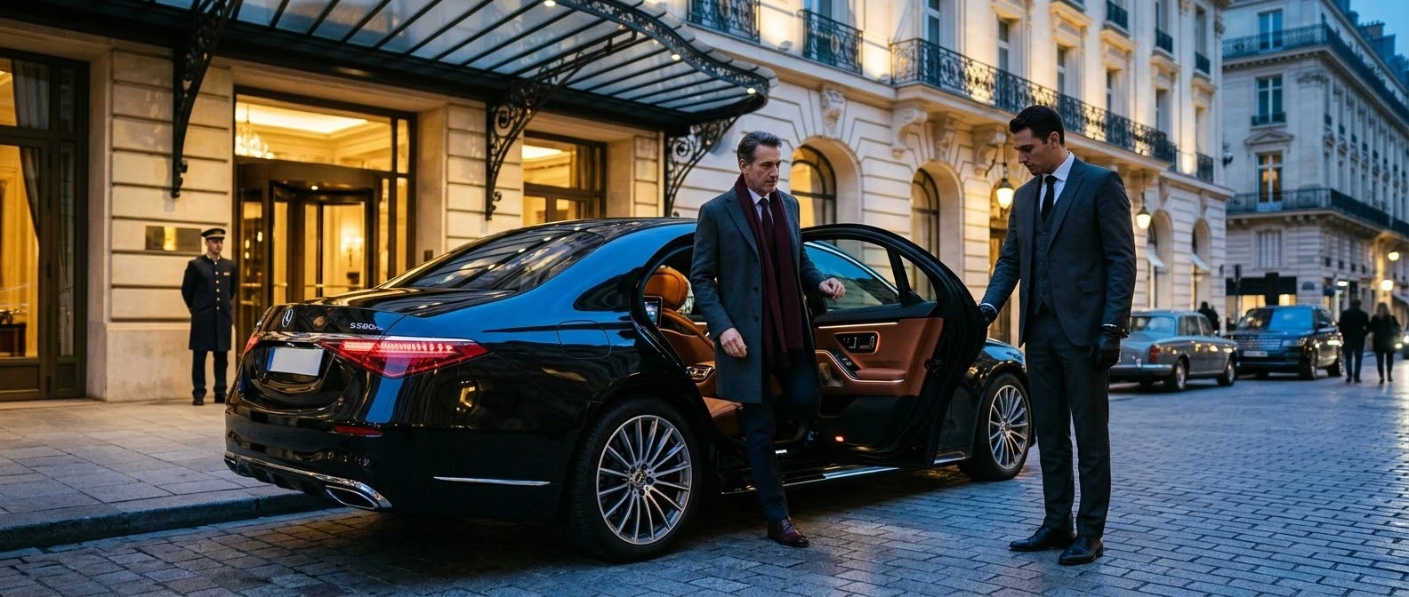 Mercedes avec chauffeur devant un hôtel parisien
